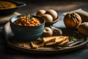 uma tigela do lentilhas com pão e uma colher. gerado por IA foto