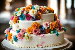 uma três em camadas bolo com colorida flores gerado por IA foto