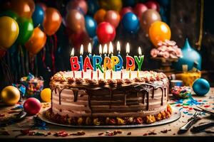 aniversário bolo com velas e balões. gerado por IA foto
