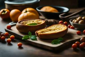 pão com tomates e manjericão em uma de madeira corte borda. gerado por IA foto