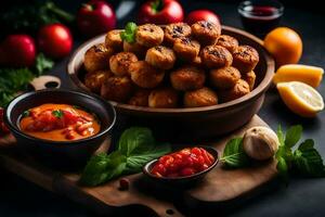 uma tigela do Comida com batatas e tomates. gerado por IA foto