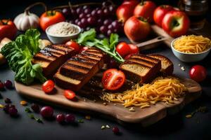 grelhado queijo sanduíche com tomates, queijo e legumes. gerado por IA foto