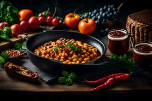 frango com feijões e legumes dentro uma Preto frigideira. gerado por IA foto