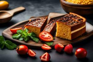 fatias do bolo com morangos e tomates em uma de madeira borda. gerado por IA foto