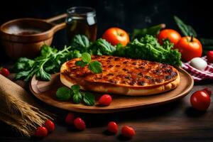 uma pizza com tomates, manjericão e de outros legumes em uma de madeira borda. gerado por IA foto