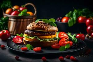uma Hamburger com legumes e tomates em uma Preto placa. gerado por IA foto