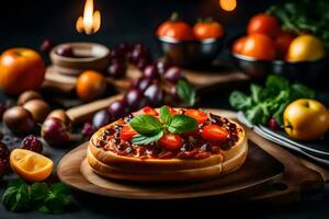 uma pizza com tomates e manjericão em uma de madeira borda. gerado por IA foto