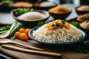 uma tigela do arroz com legumes e especiarias. gerado por IA foto