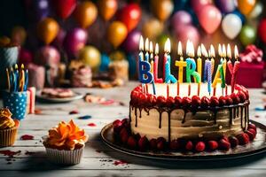 uma aniversário bolo com velas em isto e balões. gerado por IA foto