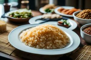 uma mesa com arroz, legumes e de outros pratos. gerado por IA foto