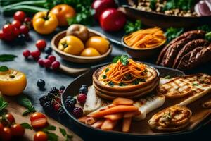 uma variedade do Comida em uma mesa. gerado por IA foto