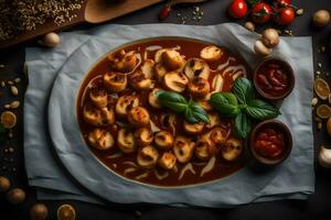 italiano Comida com massa e molho em uma Preto fundo. gerado por IA foto