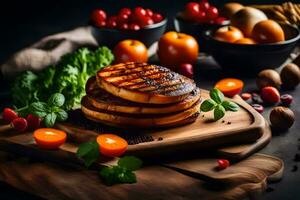 grelhado legumes e fruta em uma corte borda. gerado por IA foto