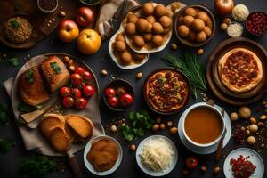 vários tipos do Comida estão arranjado em uma mesa. gerado por IA foto