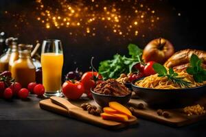 uma mesa com Comida e bebidas, Incluindo massa, legumes e fruta. gerado por IA foto