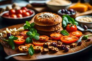 uma prato com uma hambúrguer, tomates, e queijo. gerado por IA foto