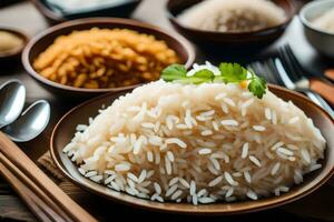 uma tigela do arroz com pauzinhos e de outros tigelas. gerado por IA foto