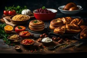 vários alimentos Incluindo pão, ovos, e legumes. gerado por IA foto