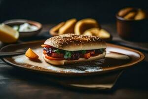 uma sanduíche com legumes e pão em uma placa. gerado por IA foto