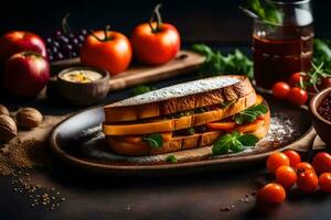 uma sanduíche com tomates, queijo e ervas é em uma placa. gerado por IA foto