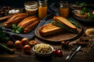 alimentos em uma de madeira mesa. gerado por IA foto