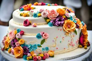uma branco bolo com colorida flores em topo. gerado por IA foto