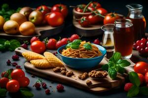 espaguete, tomates, e de outros ingredientes em uma mesa. gerado por IA foto