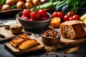 alimentos em uma de madeira borda com fruta e legumes. gerado por IA foto