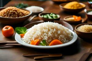 uma mesa com taças do arroz, legumes e de outros ingredientes. gerado por IA foto