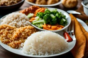 uma prato do arroz, legumes e carne com uma tigela do sopa. gerado por IA foto