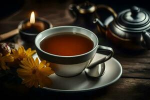 uma copo do chá com flores e velas em uma de madeira mesa. gerado por IA foto
