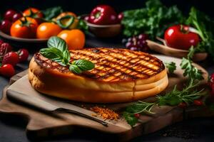 grelhado queijo em uma de madeira borda com legumes. gerado por IA foto
