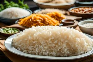 vários tipos do arroz em uma mesa. gerado por IA foto