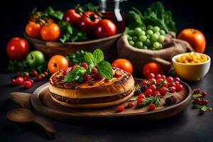 uma Hamburger com fresco fruta e legumes em uma de madeira borda. gerado por IA foto