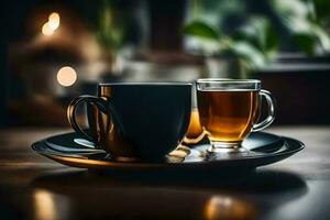 dois copos do chá em uma placa. gerado por IA foto