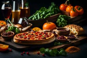 pizza com legumes e de outros alimentos em uma mesa. gerado por IA foto