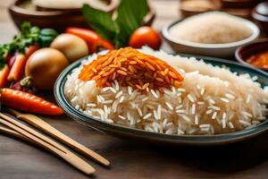 a tailandês arroz é cozinhou dentro uma tigela com legumes e especiarias. gerado por IA foto