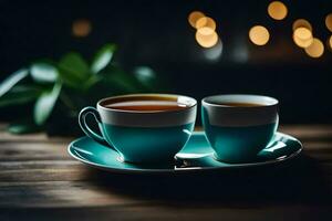 dois copos do chá em uma de madeira mesa. gerado por IA foto