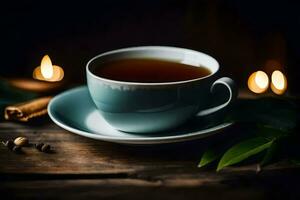 uma copo do chá em uma de madeira mesa. gerado por IA foto