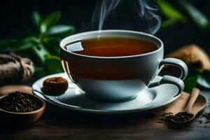 uma copo do chá com uma colher e uma de madeira colher. gerado por IA foto