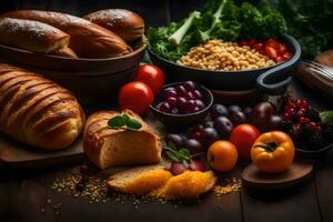 vários tipos do Comida em uma de madeira mesa. gerado por IA foto