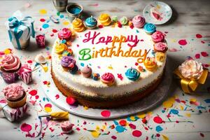 feliz aniversário bolo com colorida confete e bolos de copo. gerado por IA foto