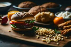 uma Hamburger com legumes e de outros ingredientes. gerado por IA foto