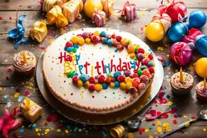 uma aniversário bolo com colorida confete e balões. gerado por IA foto