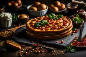 uma pizza com queijo, tomates e manjericão em uma mesa. gerado por IA foto