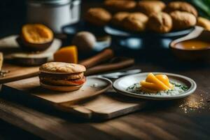 uma prato com uma sanduíche e alguns de outros Comida. gerado por IA foto