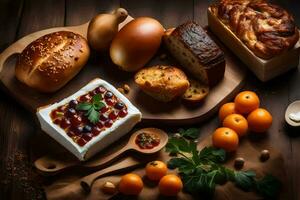 vários tipos do pão, ovos, e de outros alimentos em uma de madeira mesa. gerado por IA foto