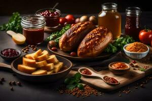 uma mesa com pão, legumes e de outros ingredientes. gerado por IA foto