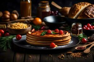 panquecas com fruta e pão em uma de madeira mesa. gerado por IA foto