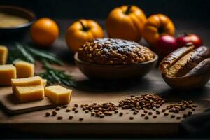 alimentos em uma de madeira mesa. gerado por IA foto